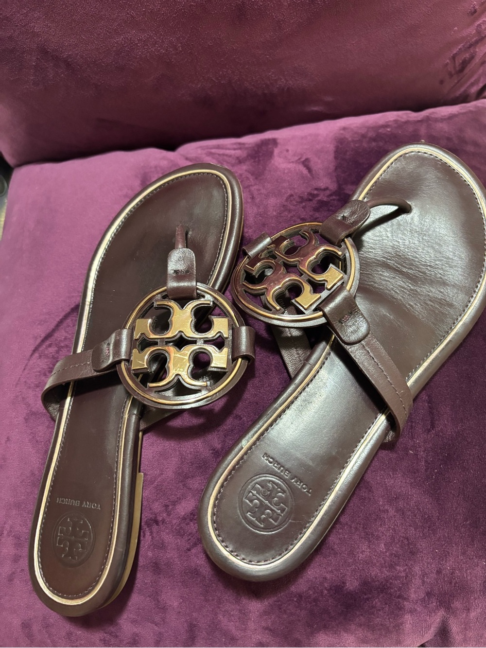 Tory Burch Dark Brown Miller Logo Leather Thong Sandals